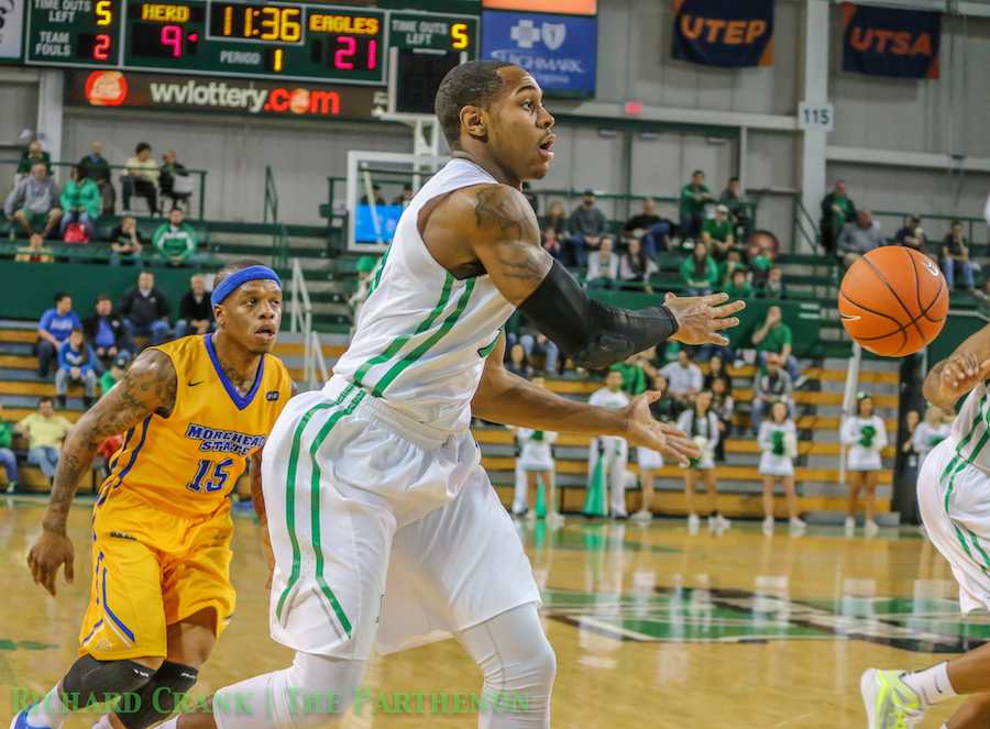 Senior forward Shawn Smith catches a pass as Marshall men's basketball falls to Morehead State University Wednesday at the Cam Henderson Center. 