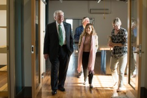 Marshall University President Stephen J. Kopp explores the university’s new Visual Arts Center as it opens its doors in downtown Huntington June 25. The $13 million renovation will house eight programs from the School of Art and Design and stands adjacent to Huntington’s Pullman Square. 