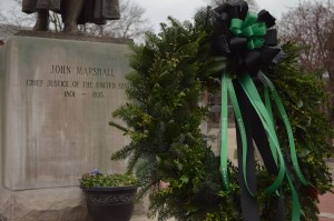 A wreath displayed in the middle of Marshall Universitys campus pays tribute to President Stephen J. Kopp who died suddenly Wednesday. 