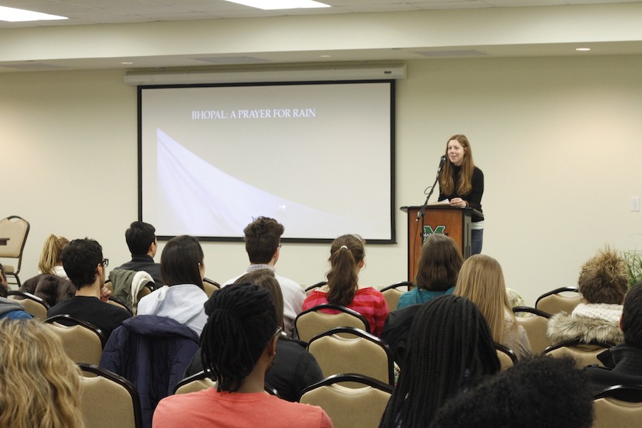 Laura Michele Diener, director of women’s studies, gives a lecture at “Bhopal: A Prayer for Rain” Wednesday in the basement of the Memorial Student Center. 