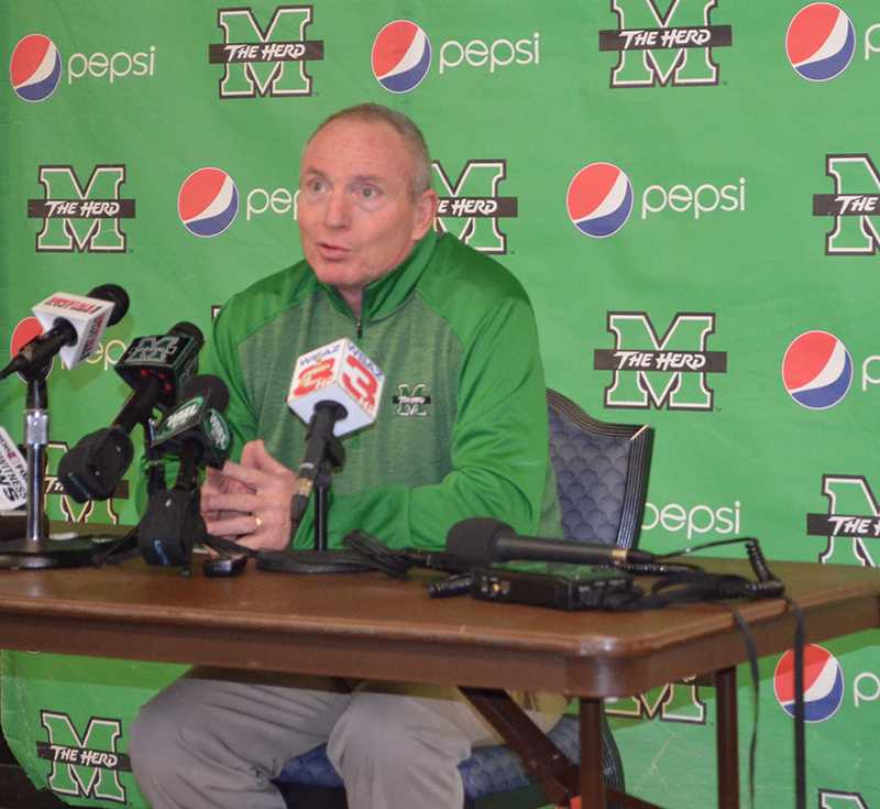 Doc Holliday speaks to the press during signing day Wednesday in the Memorial Student Center.