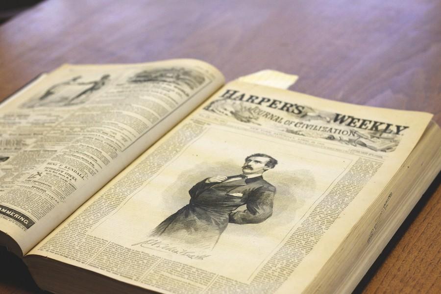 Many documents from the Civil War Era, including collected editions of Harper’s Weekly, are now on display at the James E. Morrow Library.