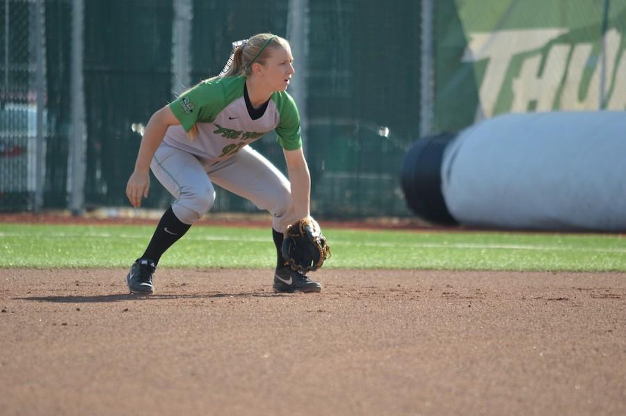 Katalin Lucas plays the field during the Thundering Herd’s matchup with the University of Kentucky at Dot Hicks Field in Huntington March 11, 2014.