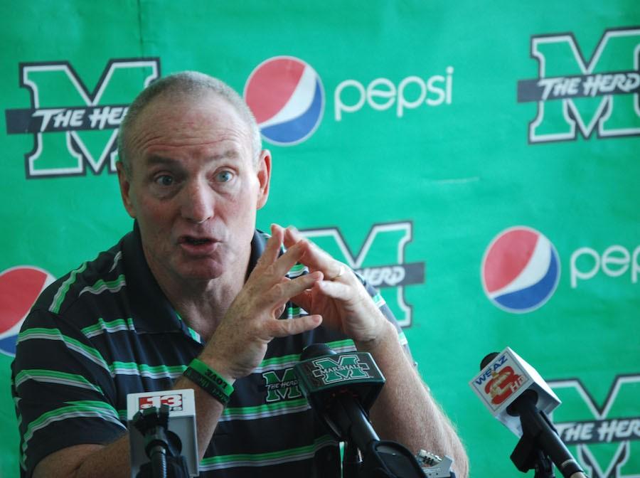Thundering+Herd+head+coach+Doc+Holliday+speaks+at+his+annual+pre-spring+football+press+conference.+The+Marshall+University+football+team+will+begin+spring+practices+Tuesday+and+finish+with+the+annual+spring+game+April+25.