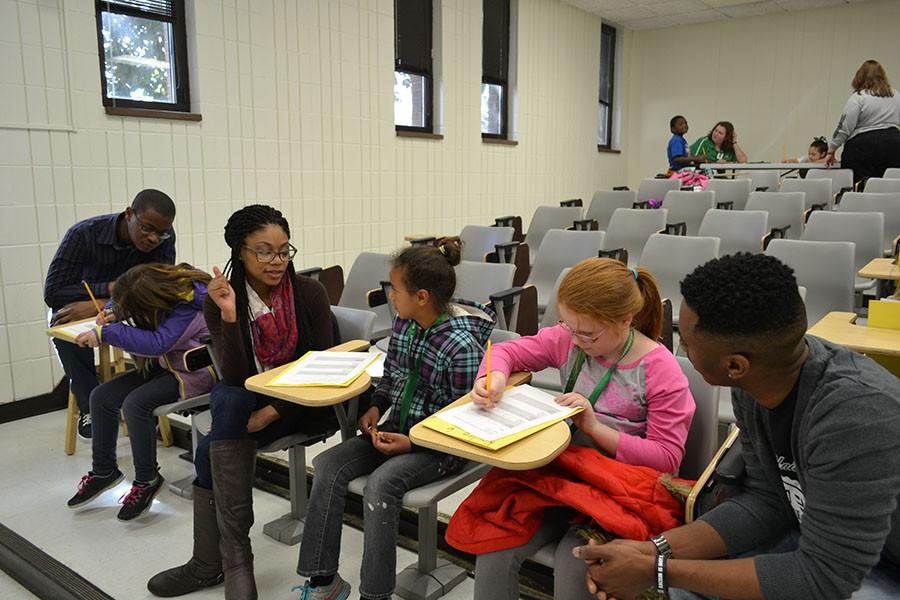 Second graders from Peyton Elementary interview students in the MU Society of Black Scholars Friday. 
The children will use the information from the interviews to write a case study biography.
 
