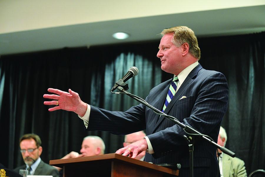 Huntington Mayor Steve Williams addresses the substance abuse issue in Huntington at the Drug Forum Tuesday at the Big Sandy Superstore Arena.