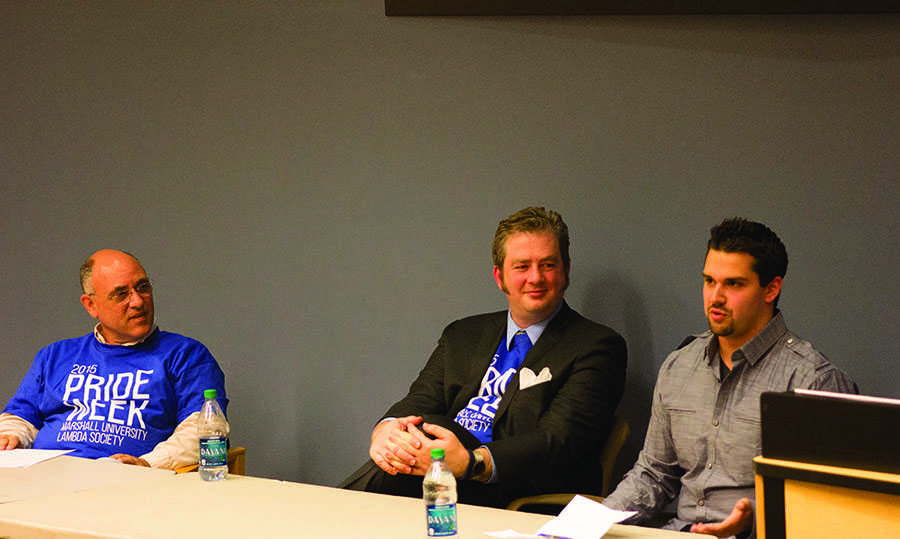Rev. Timothy Dixon, E. Del Chrol and Zach Anderson lead The Intersection of Christianity and Sexuality discussion in Drinko Library Thursday.