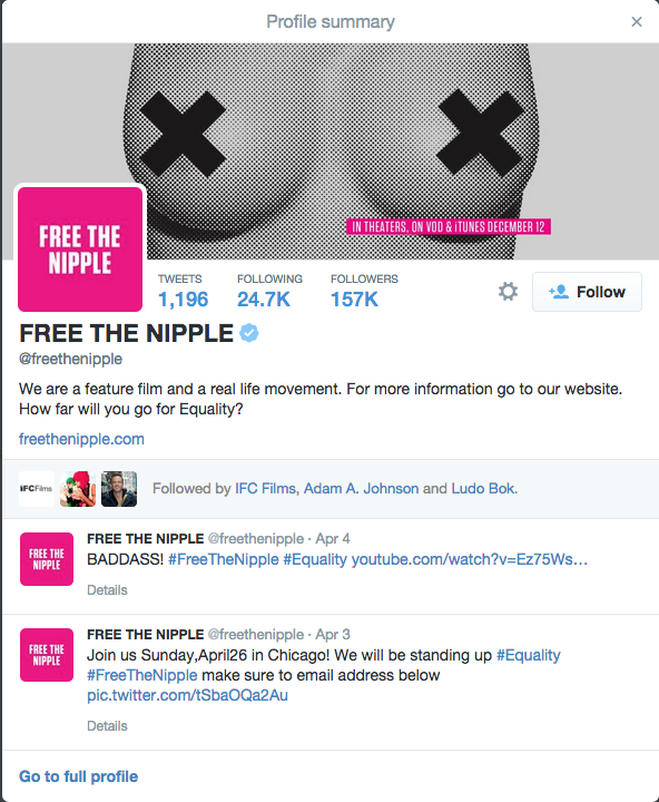 The #FreeTheNipple movement gets plenty of tags on Twitter, even having its own account and several other accounts, like i-D magazine, devoting many posts to #FreeTheNipple promotion.