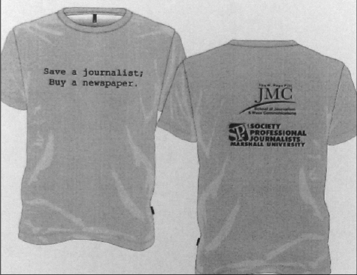 This image of the SPJ t-shirt order form shows the design of the shirt chosen by SPJ. The front of the shirt says, “Save a journalist; Buy a newspaper.” The back features the School of Journalism and SPJ logos. 