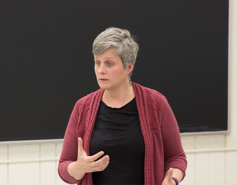 Speakers Akira Uchida, former INTO student, and Paige Muellerleile, psychology professor explain the complexities of xenophobia Thursday in Corbly Hall.