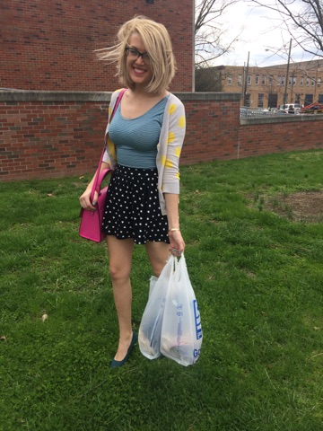 Jessica Hutchinson wears an outfit comprised of only thrifted clothing items.