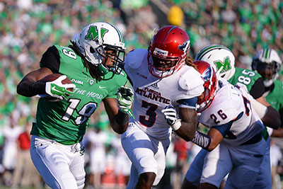 Lexi Browning/The Parthenon
Marshalls Deandre Reaves (19) runs as the Thundering Herd takes on Florida Atlantic University on Saturday, Oct. 25 at the Joan C. Edwards Stadium in Huntington.