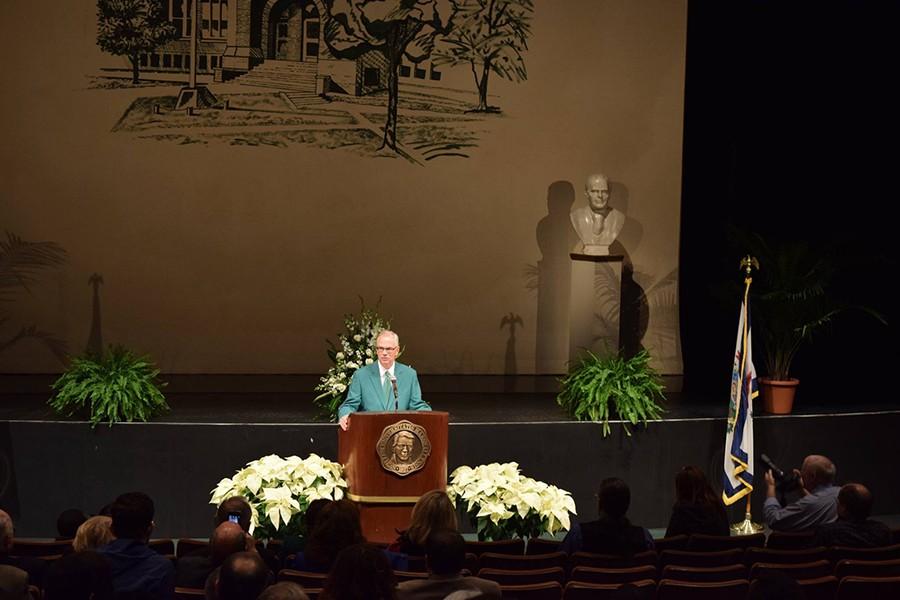 Marshall+University%E2%80%99s+37th+President+Jerome+A.+Gilbert+addressed+the+crowd+at+his+official+welcoming+Wednesday+in+the+Joan+C.+Edwards+Performing+Arts+Center.