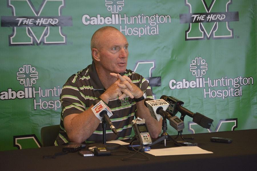 Marshall+University+head+coach+Doc+Holliday+addresses+the+media+during+a+press+conference.