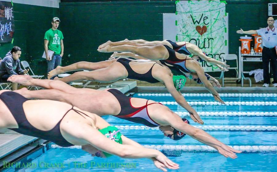 Members of Marshall University’s swimming and diving team dive into the pool during a match against Western Kentucky University last season.