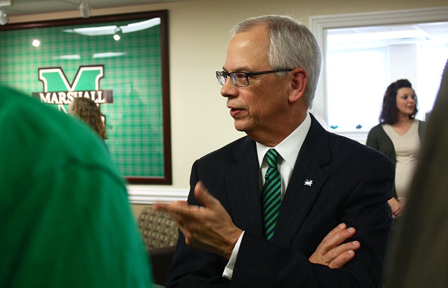 President Jerome A. Gilbert speaks with students, faculty, and other members of the Marshall community during his offices open house, February 4, 2016.