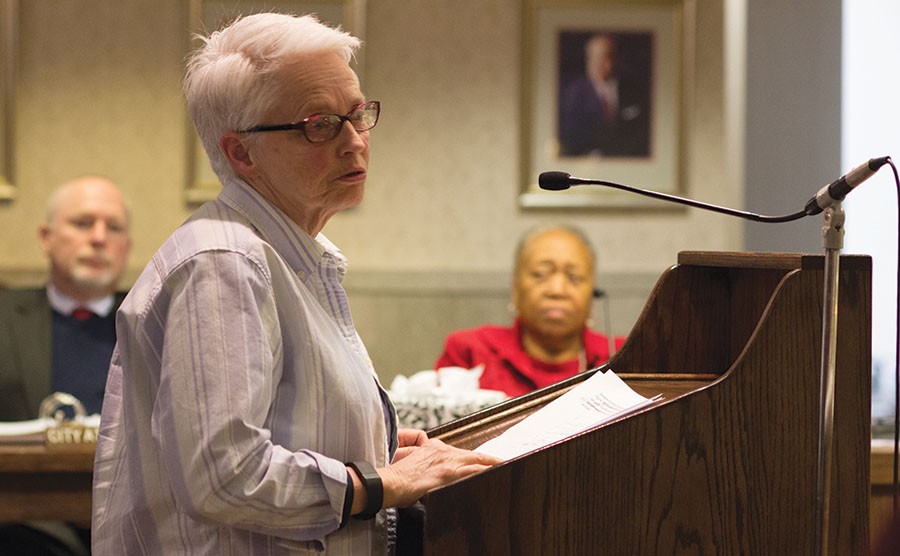 Dr. Kat Williams, Associate Professor of American History at Marshall University, voices her concerns about LGBTQ equality at the Huntington City Council Meeting, February 8, 2016.