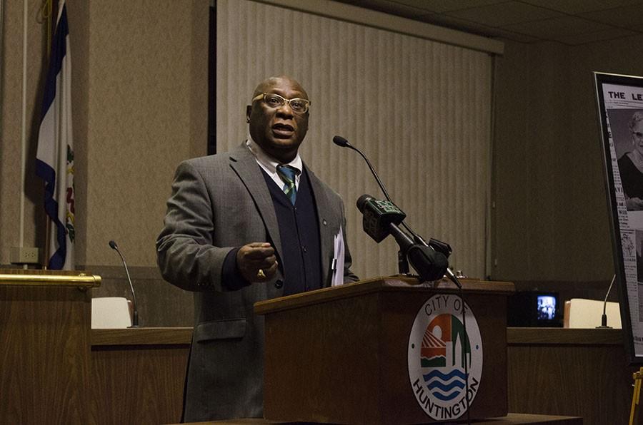 Burnis Morris, Carter G. Woodson professor of Journalism and Mass Communications, presents a lecture on the life of Carter G. Woodson Monday at City Hall. This was the first lecture in the Huntington Lecture Series, and part of the city’s proclamations to honor Woodson during Black History Month.