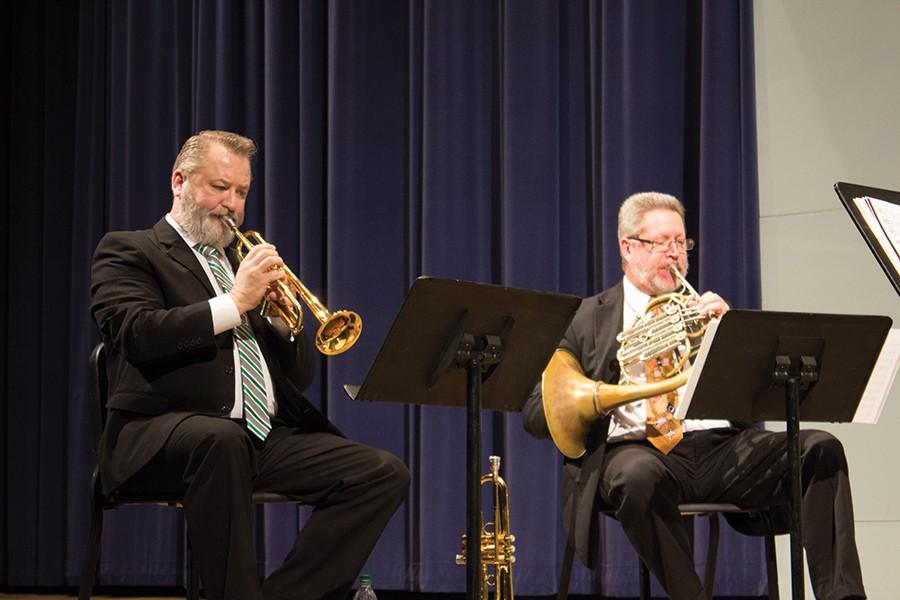 Director of Bands Brian Walden performs alongside Dr. Stephen Lawson during the Faculty Brass Quintet in Smith Recital Hall, February 11, 2016.