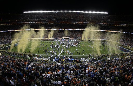 Confetti flies after the NFL Super Bowl 50 football game Sunday, Feb. 7, 2016, in Santa Clara, Calif. The Broncos won 24-10.