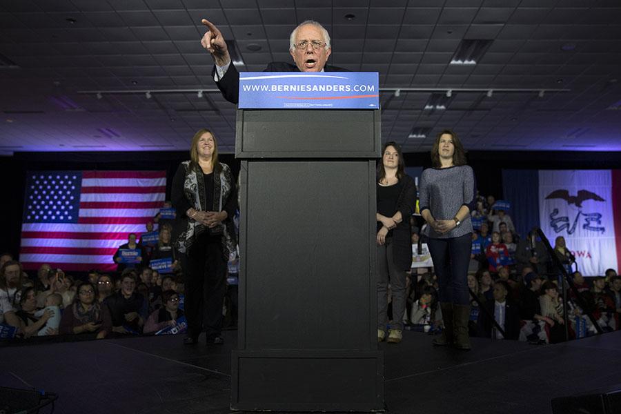 Democratic presidential candidate Sen. Bernie Sanders, I-Vt., speaks during a caucus night party, on Monday, Feb. 1, 2016, in Des Moines, Iowa.