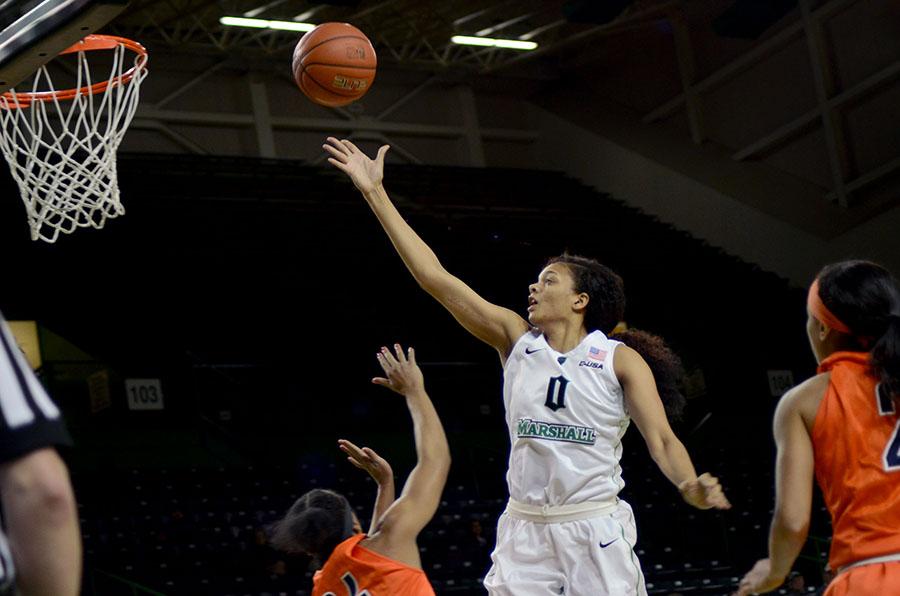 Marshall University redshirt junior Tequila Hamilton goes for a lay up Thursday against the University of Texas at El Paso at the Cam Henderson Center.