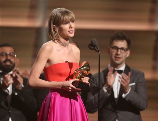 Taylor Swift accepts the award for album of the year for 1989 at the 58th annual Grammy Awards on Monday, Feb. 15, 2016, in Los Angeles.