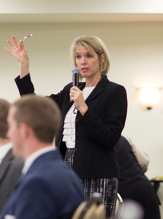 Terri Thompson conducts the etiquette dinner held each semester in the Memorial Student Center, March 2, 2016.
