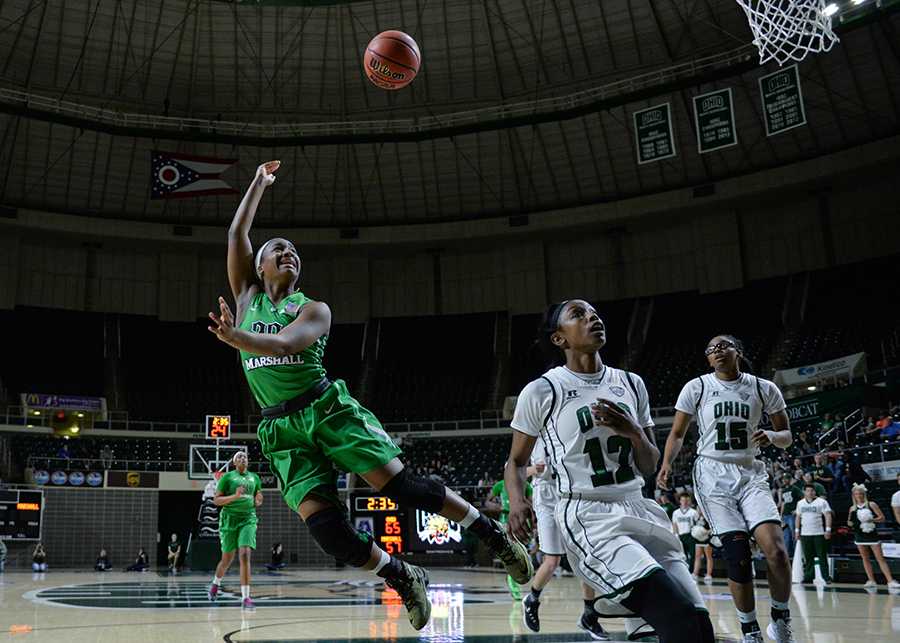 Lexi Browning/The Parthenon
Marshall’s Norrisha Victrum aims for a two-point shot as the Herd takes on the Bobcats in the postseason WNIT game Thursday in Athens, Ohio.