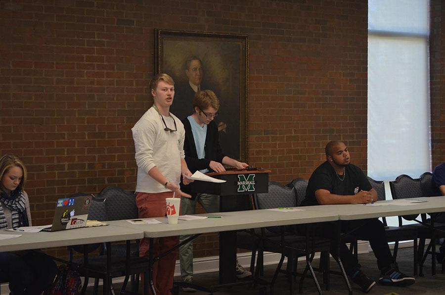 SGA Treasurer Matt Jarvis addresses the SGA senate Tuesday. SGA passed a resolution to change existing restroom facilities to gender-neutral as well as a resolution to investigate the institution of a collegiate drug addiction recovery program.