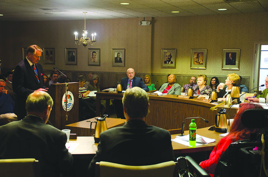 Huntington Mayor Steve Williams addresses city council Monday before the council discussed its 17-item agenda for the evening. An ordinance regarding an agreement between the Marshall University Police Department and Huntington Police Department was passed.The council also voted on ordinances involving sewage system revenue bonds, a cell phone tower and a new vehicle for Huntington Police.