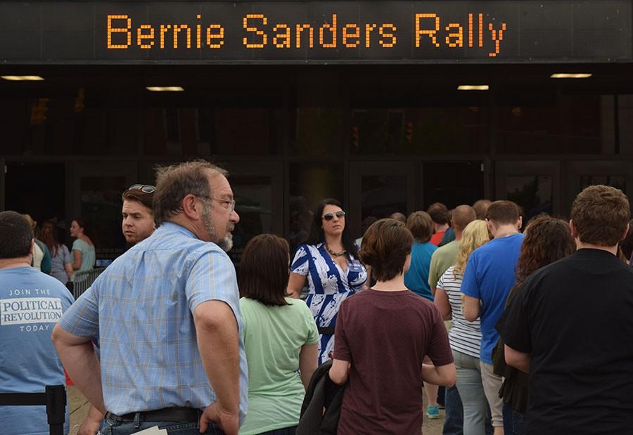 People await the doors to open for the Bernie Sanders rally in front of the Big Sandy Superstore Arena, April 26, 2016.