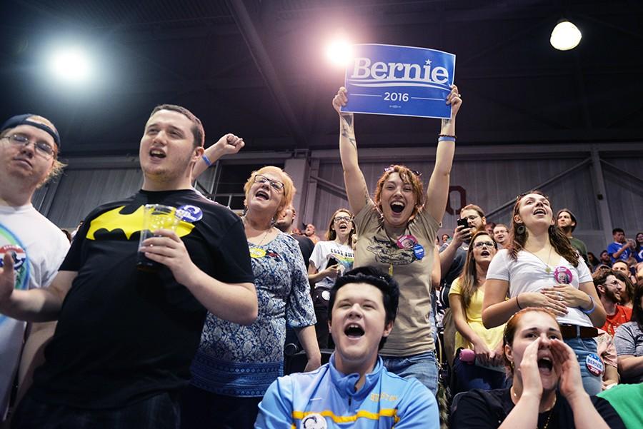 Supporters cheer in anticipation of presidential candidate Bernie Sanders arrival to the A Future to Believe In rally on Tuesday, April 26 at the Big Sandy Superstore Arena in Huntington, W.Va. The assembly attracted more than 6,000 supporters.