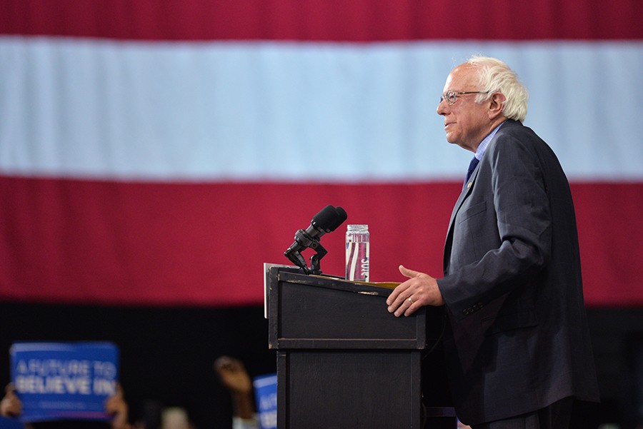 Presidential candidate at the time Bernie Sanders delivers a speech during the A Future to Believe In campaign rally on  April 26, 2016 at the Big Sandy Superstore Arena in Huntington, W.Va. The assembly attracted more than 6,000 supporters.