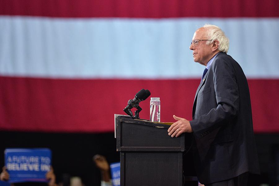 Presidential candidate at the time Bernie Sanders delivers a speech during the