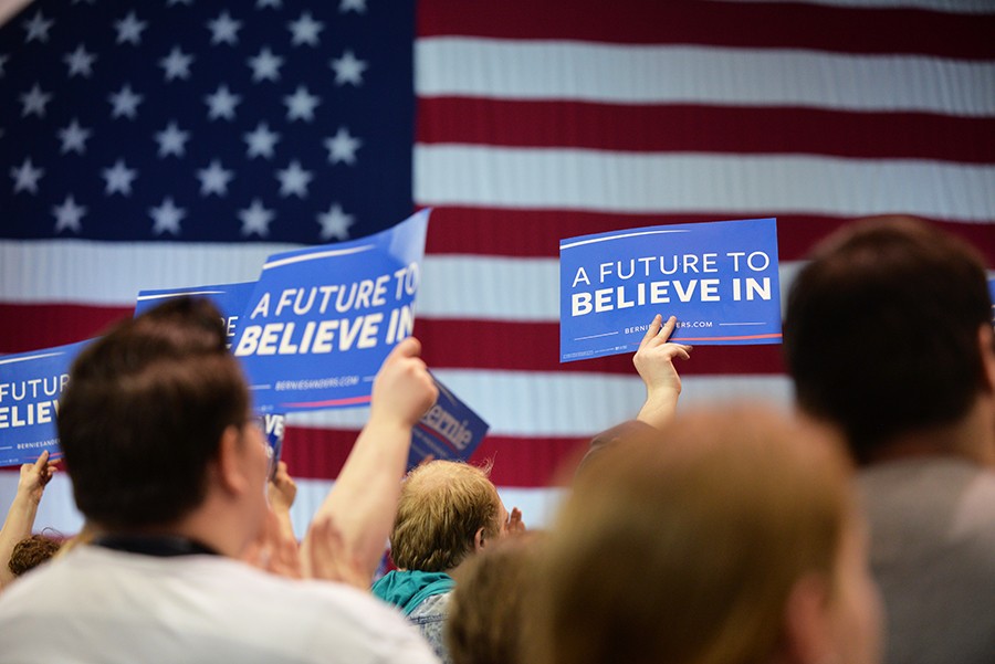 Supporters+cheer+as+presidential+candidate+Bernie+Sanders+delivers+a+speech+during+the+A+Future+to+Believe+In+rally+on+Tuesday%2C+April+26+at+the+Big+Sandy+Superstore+Arena+in+Huntington%2C+W.Va.+The+assembly+attracted+more+than+6%2C000+supporters.