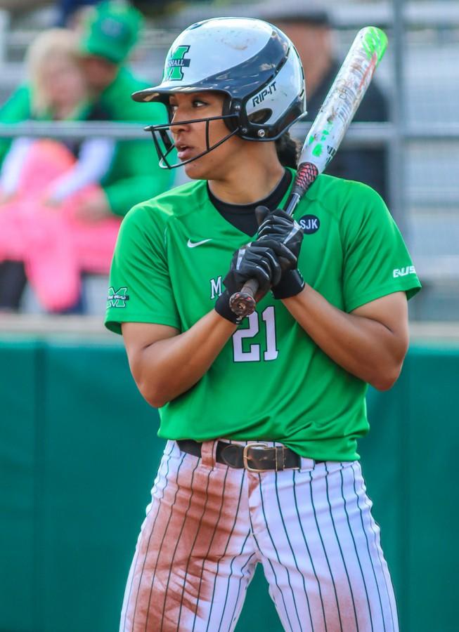 Marshall University senior Kaelynn Greene steps up to the plate during a game earlier this season at Dot Hicks Field.
