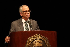 President Jerry Gilbert commends an audience of retiring and current faculty members Tuesday during the Spring General Faculty Meeting for their service to Marshall University.