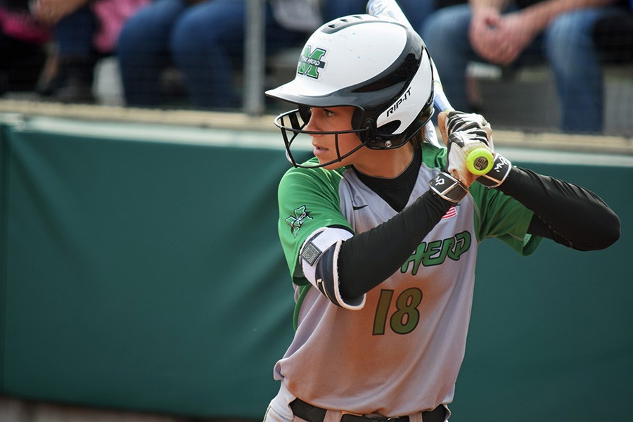 Marshall University sophomore Morgan Zerkle stars down a pitch during a game earlier this season.