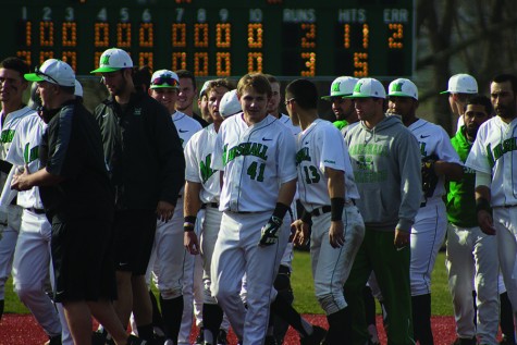 The Marshall University baseball walks off the field after a game earlier this season.
