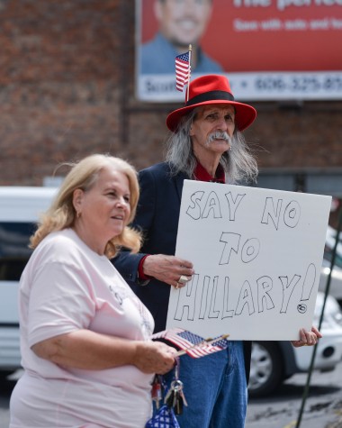 Lexi Browning/The Parthenon
Protestors assemble outside of Almas Italian Restaurant prior to presidential candidate Hillary Clintons arrival for  a roundtable discussion Monday afternoon in Ashland, Kentucky.