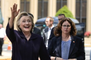 Lexi Browning/The Parthenon Democratic frontrunner Hillary Clinton arrives for a roundtable discussion with representatives of United Steel Workers and AK Steel Monday afternoon in Alma’s Italian Restaurant in Ashland, Kentucky.