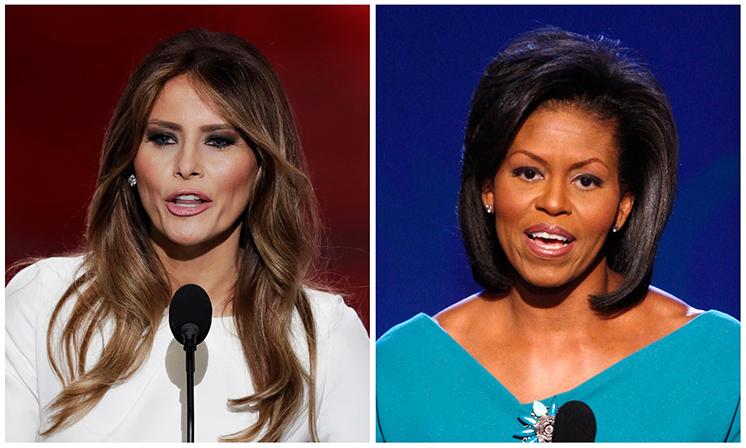 In this combination of photos, Melania Trump, left, wife of Republican Presidential Candidate Donald Trump, speaks during the opening day of the Republican National Convention in Cleveland, Monday, July 18, 2016, and Michelle Obama, wife of Democratic presidential candidate, Sen. Barack Obama, D-Ill., speaks at the Democratic National Convention in Denver, Monday, Aug. 25, 2008. Melania Trumps well-received speech Monday to the Republican National Convention contained passages that match nearly word-for-word the speech that first lady Michelle Obama delivered in 2008 at the Democratic National Convention. (AP Photos)