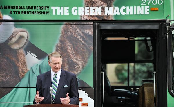 Mayor Steve Williams reflects on the bus collaboration between Marshall University, Tri-State Transit Authority and the City of Huntington at the Green Machine reveal, September 9, 2016.