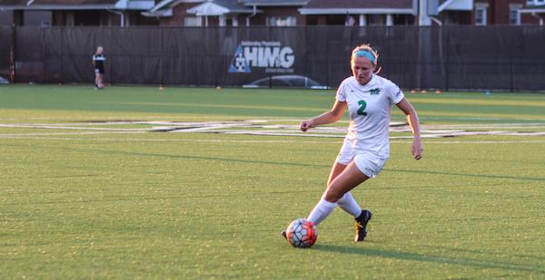 Sophomore Jayne Lawman holds posession for the Herd during the match versus Western Kentucky University at  Hoops Family Field, September 15, 2016.