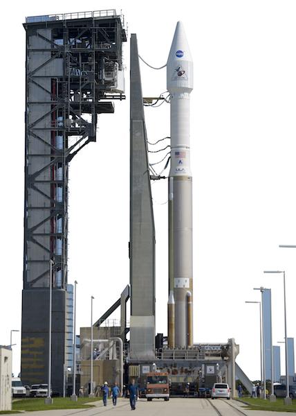 A United Launch Alliance Atlas V rocket, carrying NASAs OSIRIS-REx spacecraft, sits at its launchpad at Cape Canaveral Air Force Station in Florida on Wednesday, Sept. 7, 2016. The mission, scheduled to launch on Sept. 8, is the first U.S. attempt to reach an asteroid return a sample to Earth for study. (NASA/Joel Kowsky via AP)