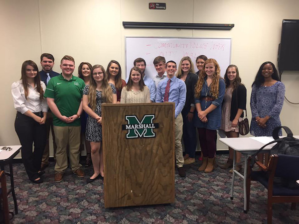 Marshall University SGA apprentices after a meeting.