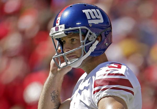 New York Giants kicker Josh Brown (3) watches as his field goal-attempt misses during the first half of an NFL football game against the Kansas City Chiefs at Arrowhead Stadium in Kansas City, Mo., Sunday, Sept. 29, 2013. (AP Photo/Charlie Riedel)