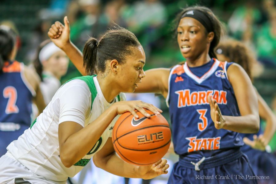 Marshall forward Talequia Hamilton (0) drives to the basket in a 62-43 win over Morgan State. 