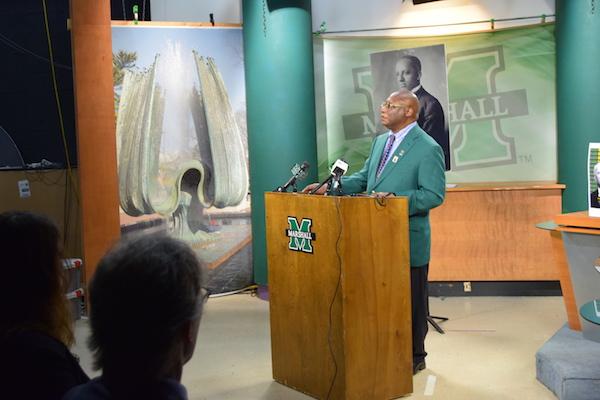 Dr. Burnis Morris speaking at the Carter G. Woodson Press Conference. 